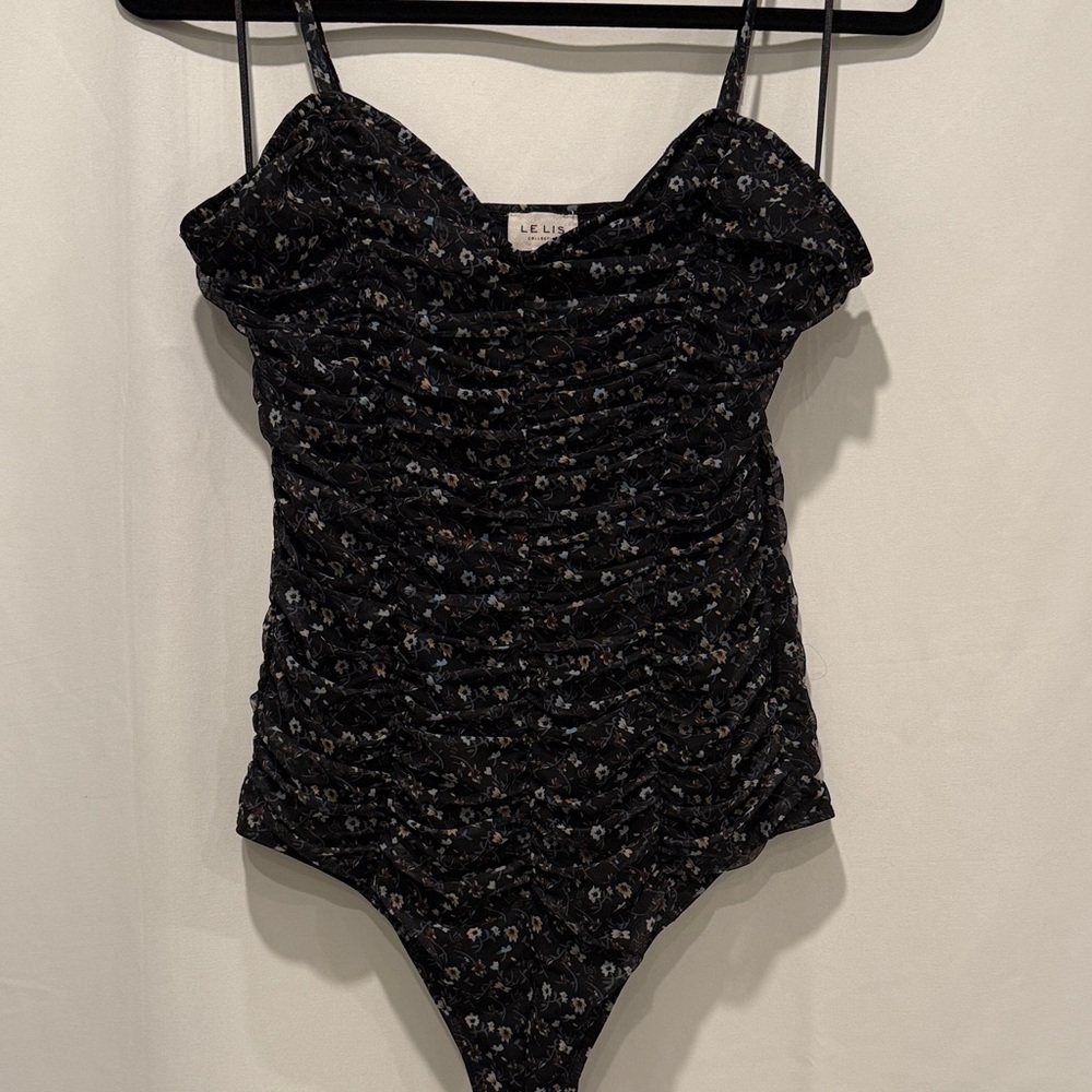 Le Lis Black Ruched Floral Thong Bodysuit Size Large